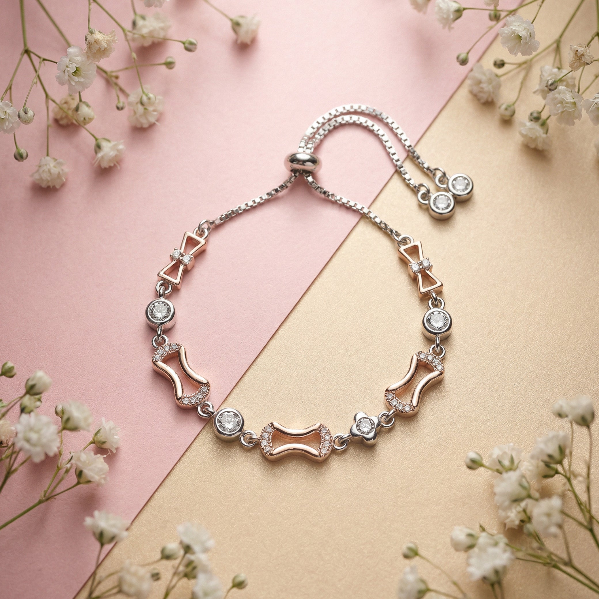 Rose Wave Charm 925 Silver Adjustable Bracelet