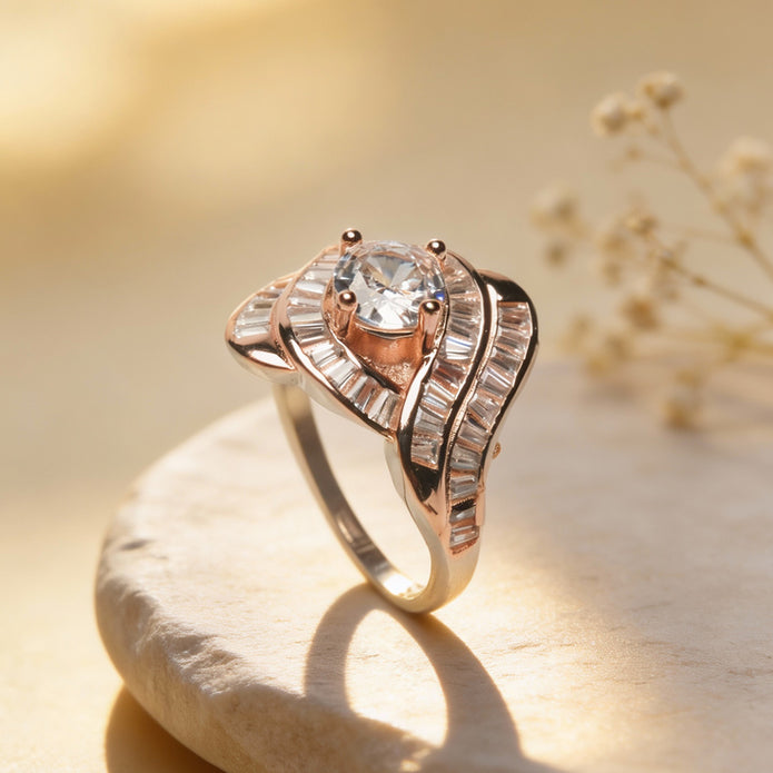 Rosé Wave Baguette 925 Silver Ring