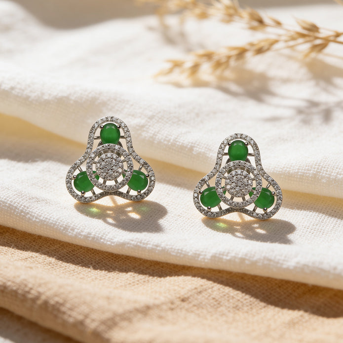 Emerald Halo Bloom 925 Silver Stud Earrings