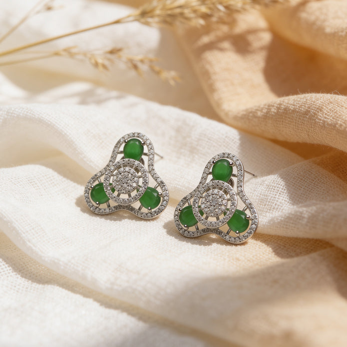 Emerald Halo Bloom 925 Silver Stud Earrings