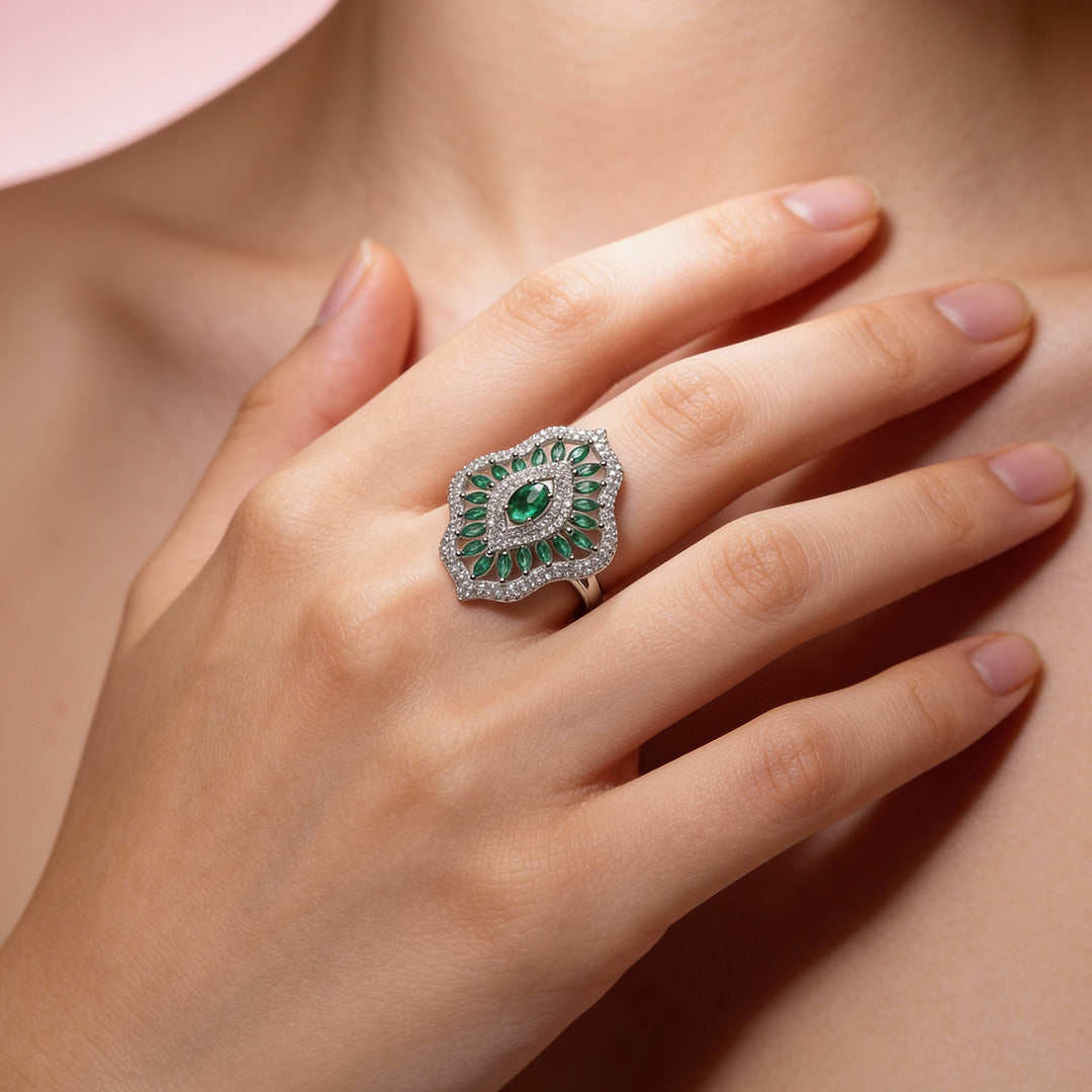 Emerald Petal Mirage 925 Silver Statement Ring