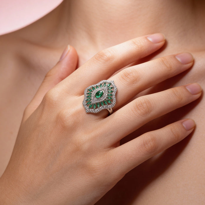 Emerald Petal Mirage 925 Silver Statement Ring