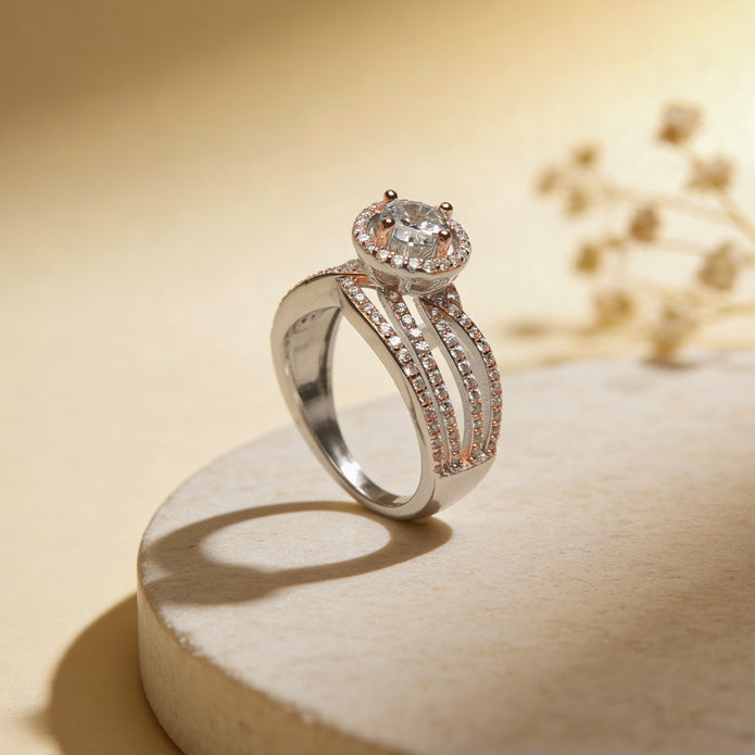Triple Row Rosé Halo 925 Silver Ring