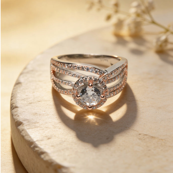 Triple Row Rosé Halo 925 Silver Ring