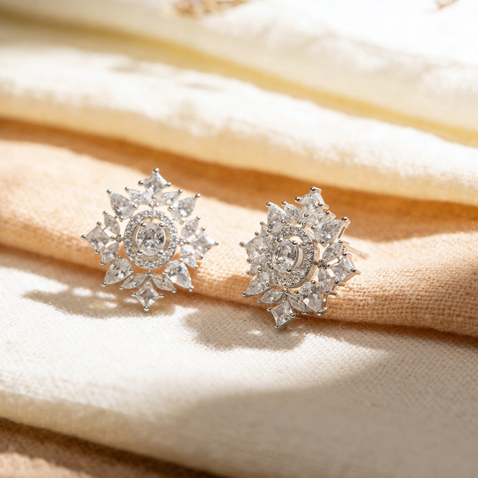 Crystal Starburst Bloom 925 Silver Stud Earrings