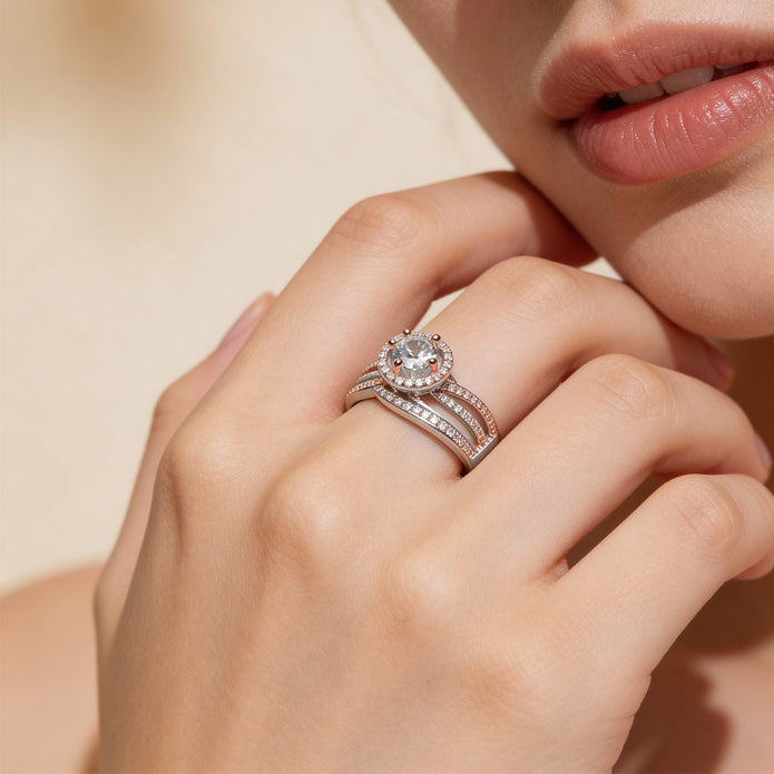 Triple Row Rosé Halo 925 Silver Ring