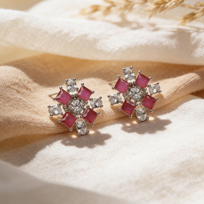 Ruby Square Blossom 925 Silver Stud Earrings