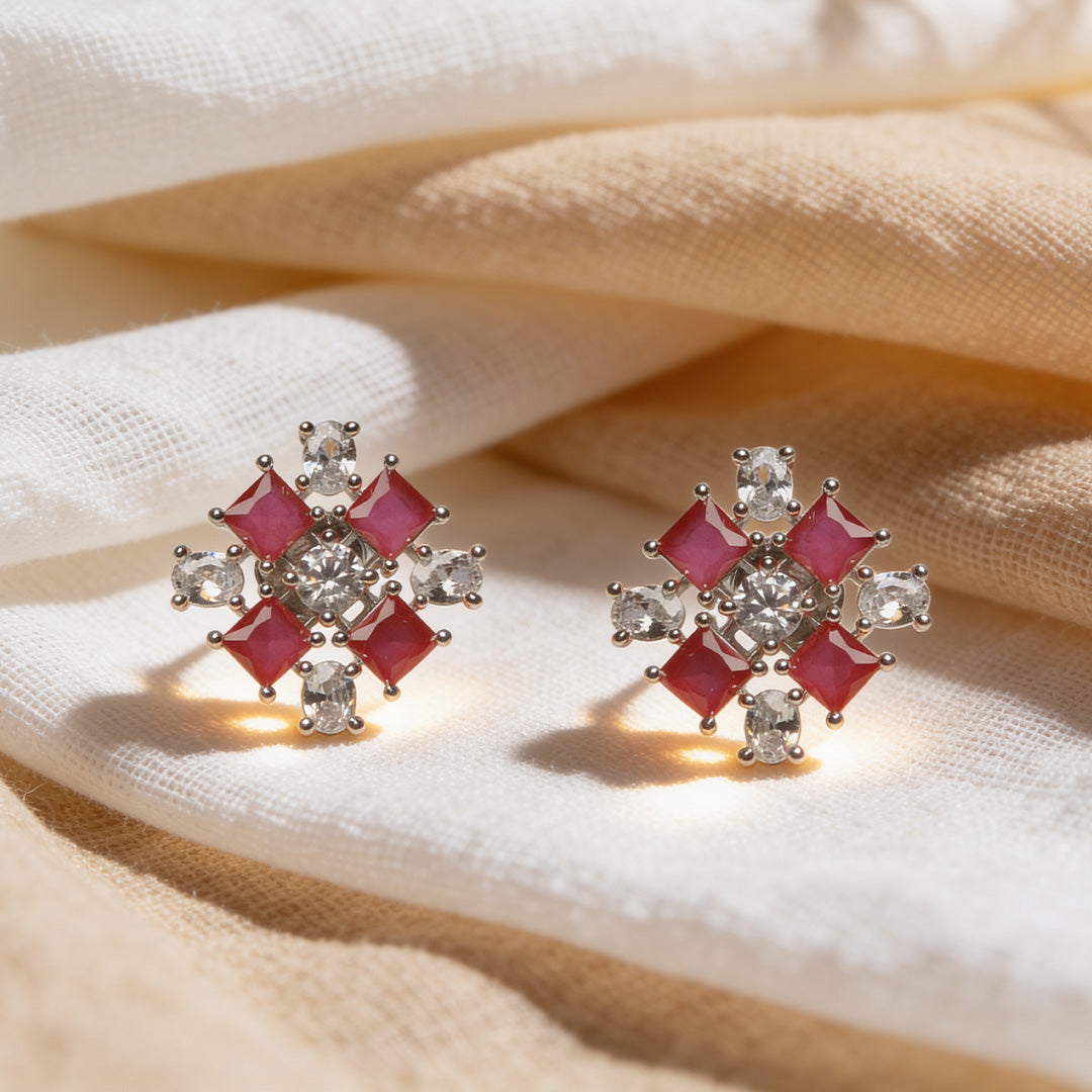 Ruby Square Blossom 925 Silver Stud Earrings