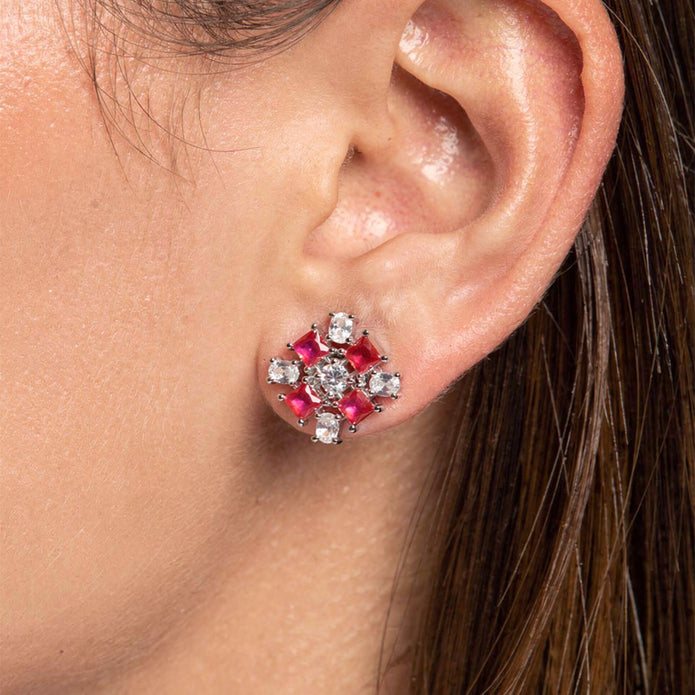 Ruby Square Blossom 925 Silver Stud Earrings