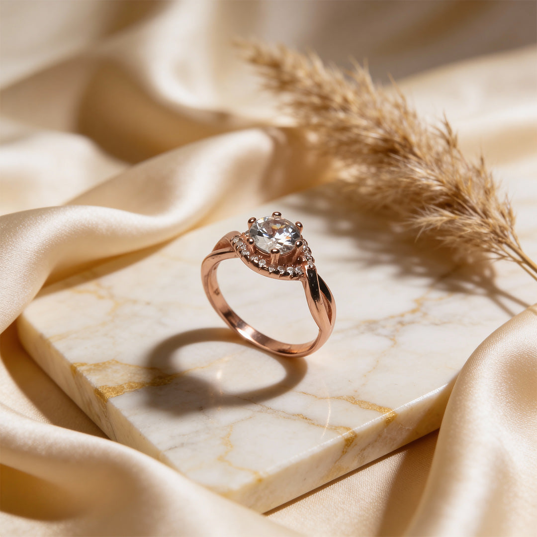 Rosé Halo Solitaire 925 Silver Ring