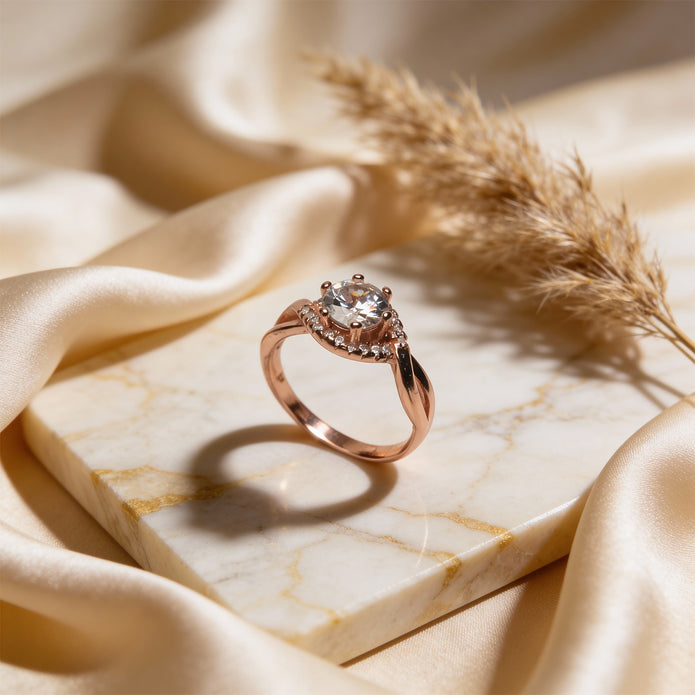 Rosé Halo Solitaire 925 Silver Ring