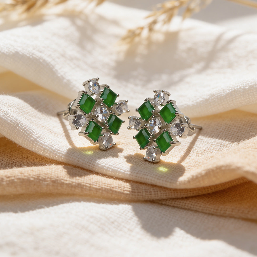 Emerald Petal Charm 925 Silver Stud Earrings