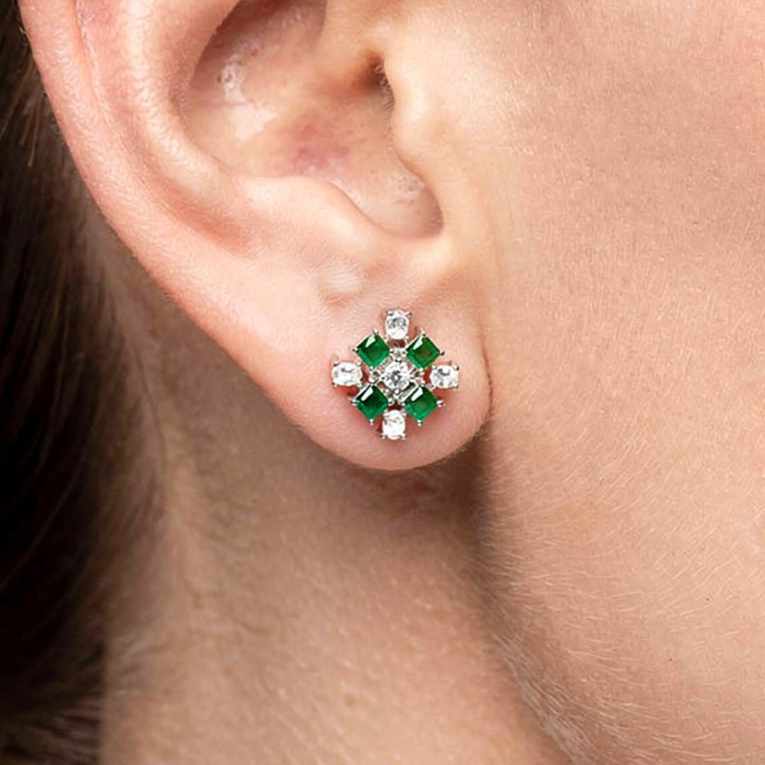 Emerald Petal Charm 925 Silver Stud Earrings