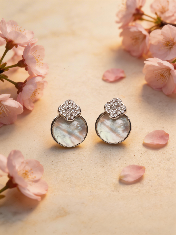Nilo Crystal Clover Pearl Stud Earrings
