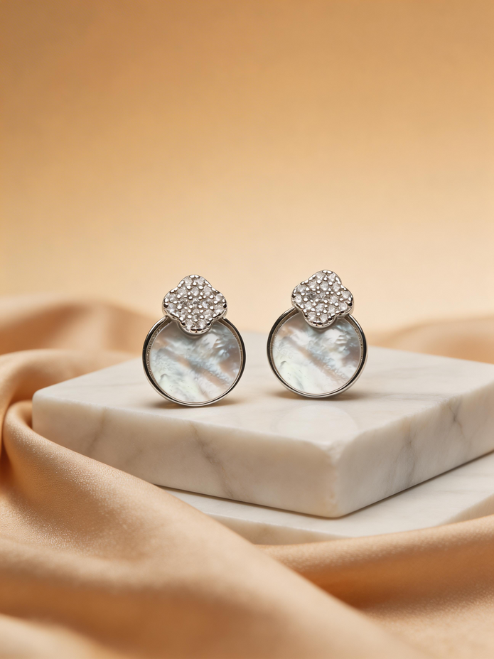 Nilo Crystal Clover Pearl Stud Earrings