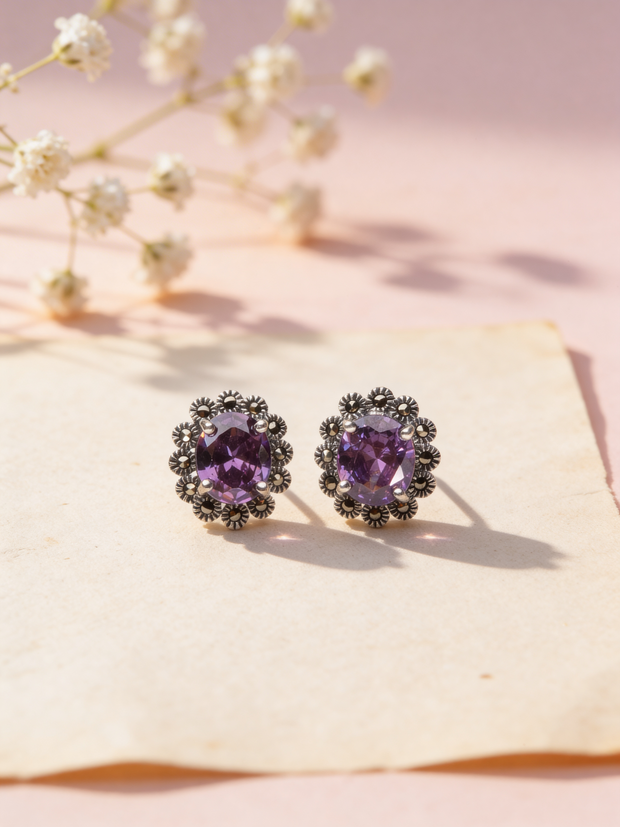 925 Amethyst Floral Halo Studs