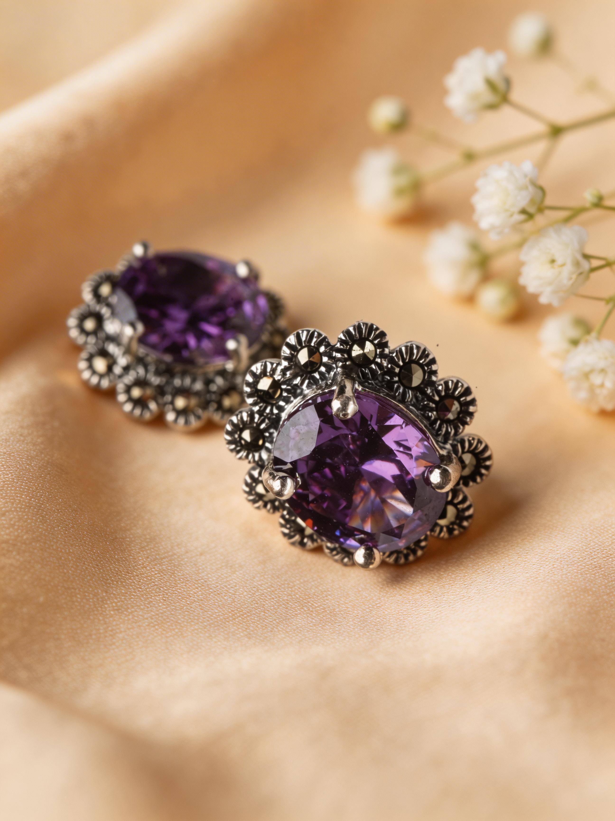 925 Amethyst Floral Halo Studs