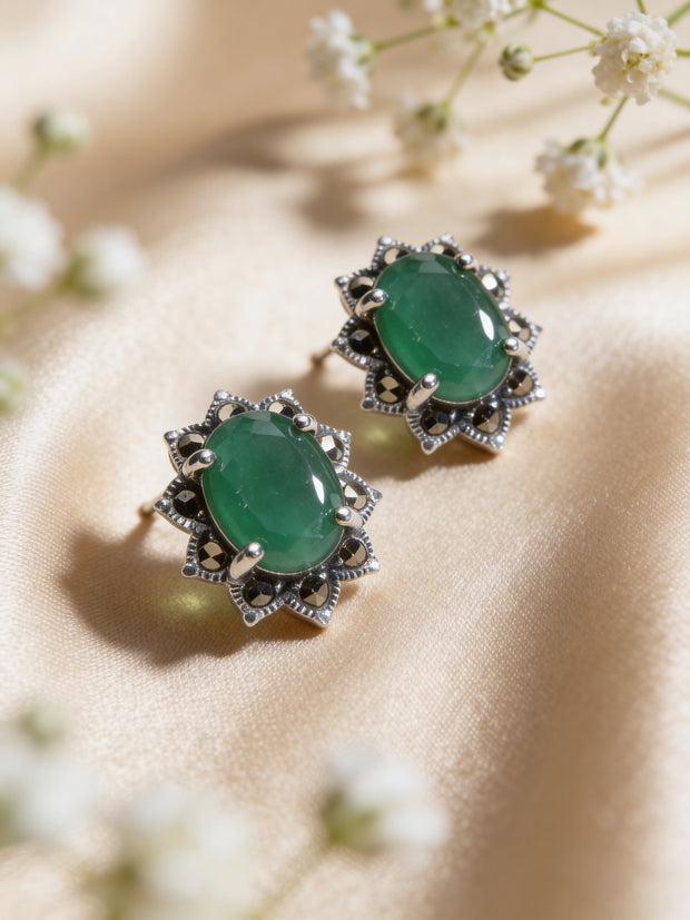 925 Emerald Oval Vintage Studs