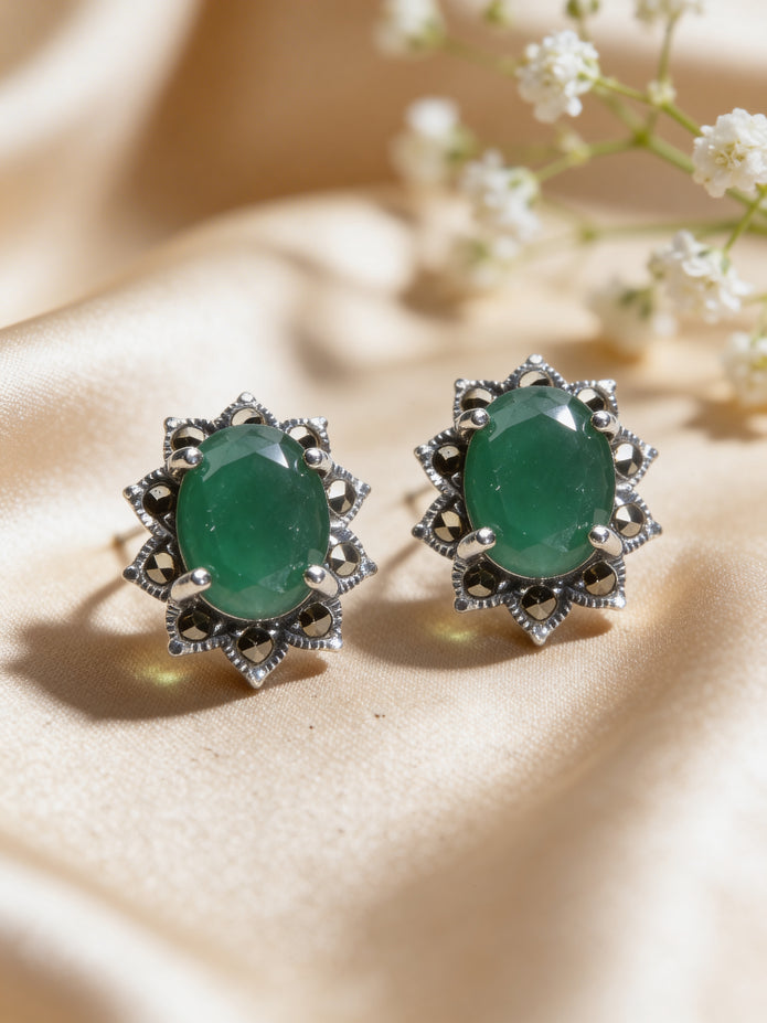 925 Emerald Oval Vintage Studs