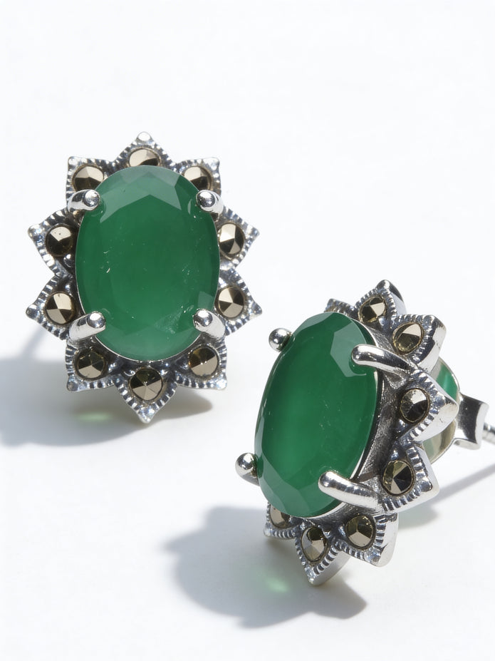 925 Emerald Oval Vintage Studs