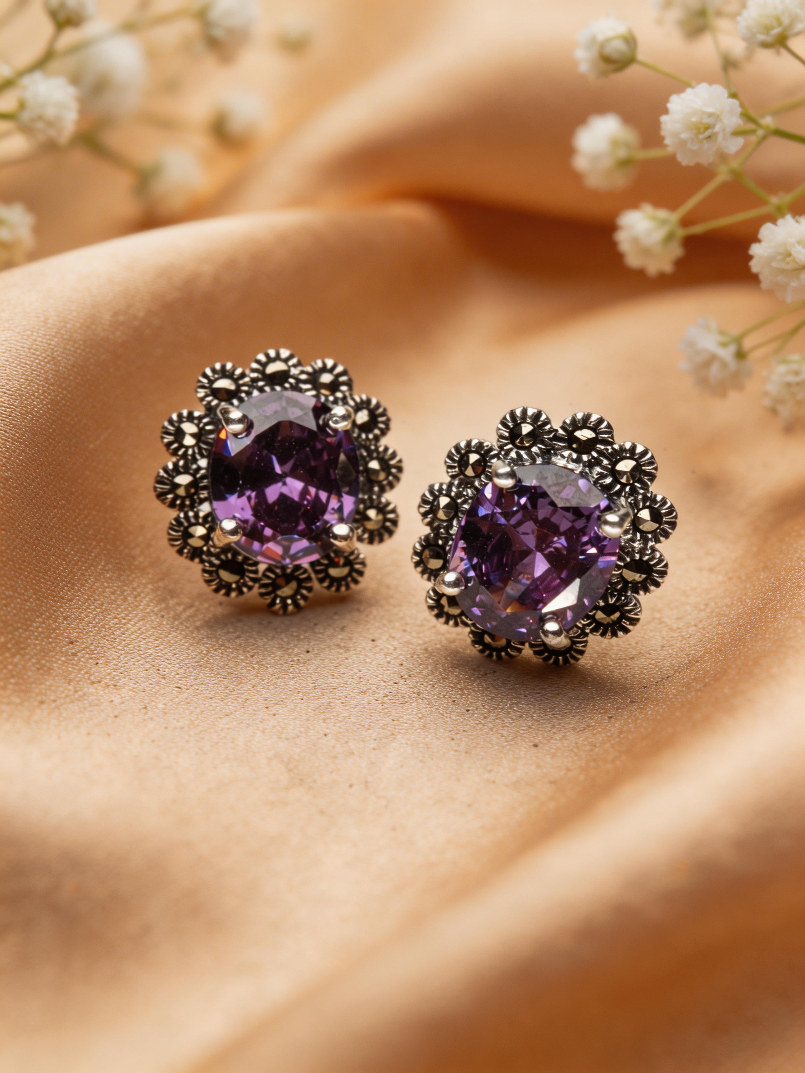 925 Amethyst Floral Halo Studs