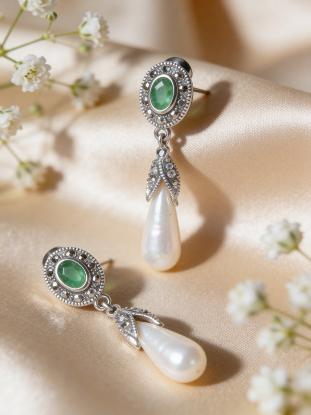 925 Emerald Pearl Drop Earrings