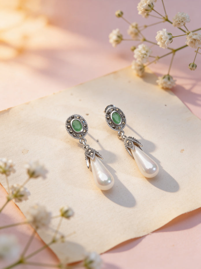 925 Emerald Pearl Drop Earrings