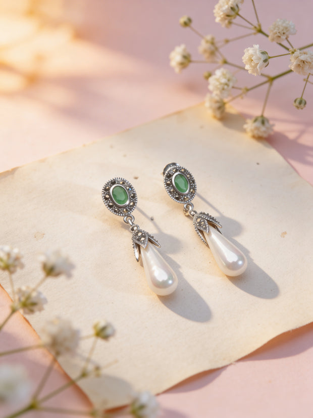 925 Emerald Pearl Drop Earrings