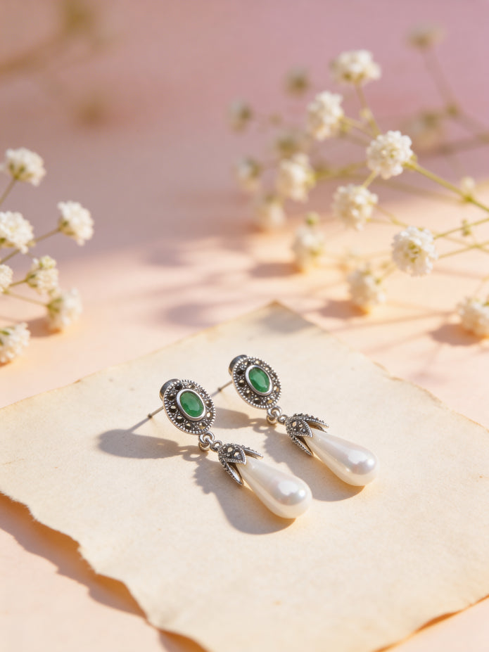 925 Emerald Pearl Drop Earrings