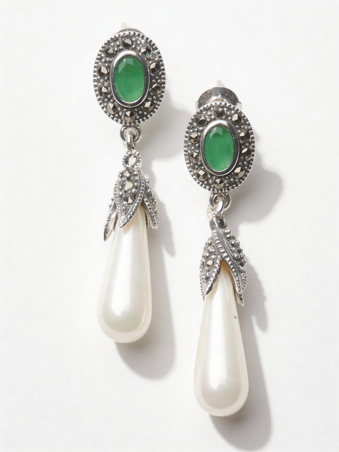 925 Emerald Pearl Drop Earrings