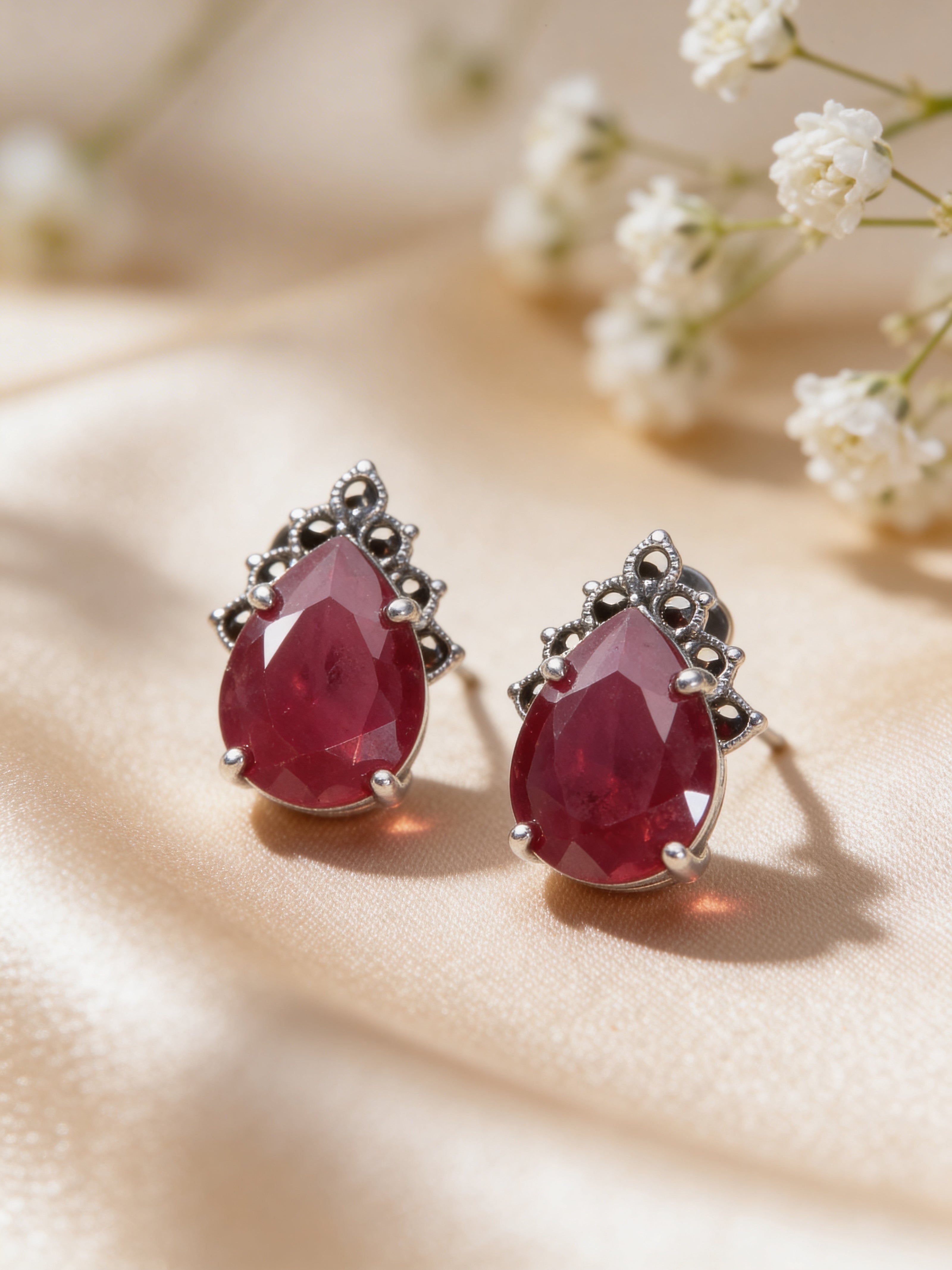 925 Ruby Teardrop Vintage Studs