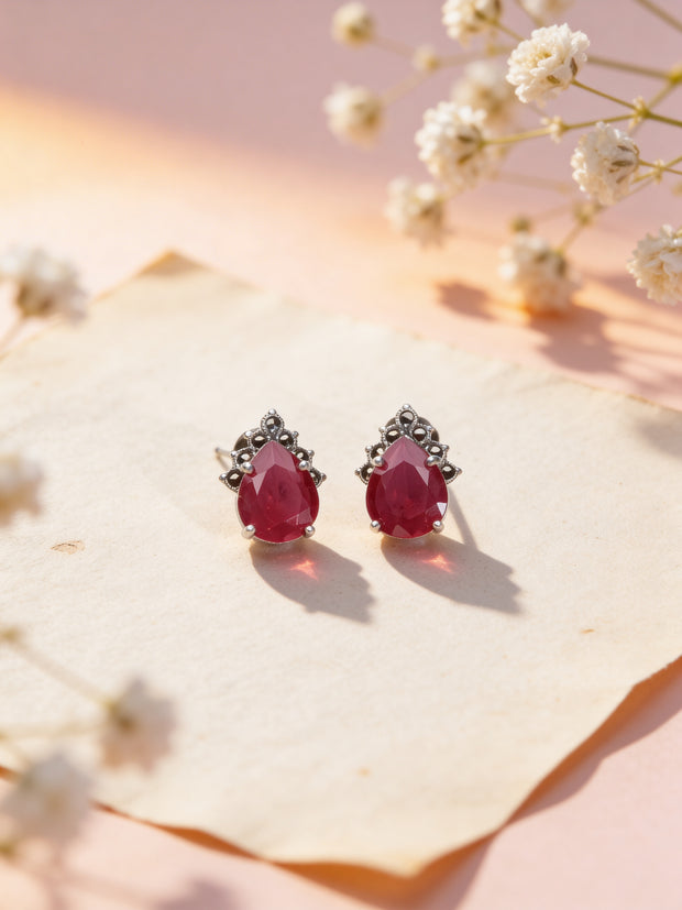 925 Ruby Teardrop Vintage Studs