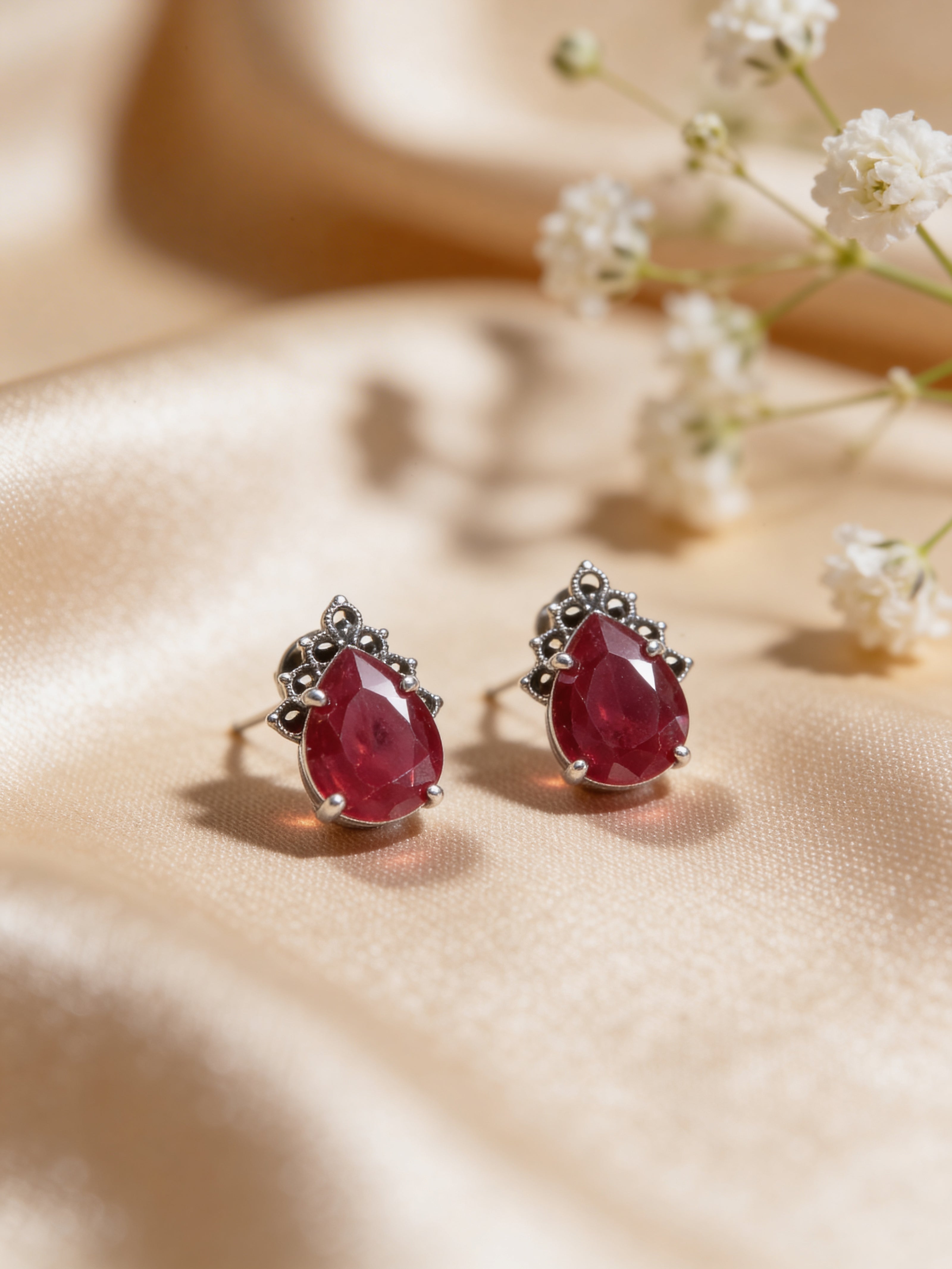 925 Ruby Teardrop Vintage Studs
