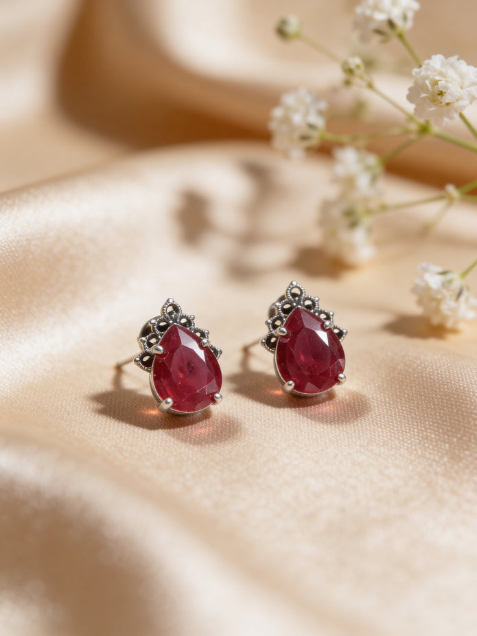 925 Ruby Teardrop Vintage Studs
