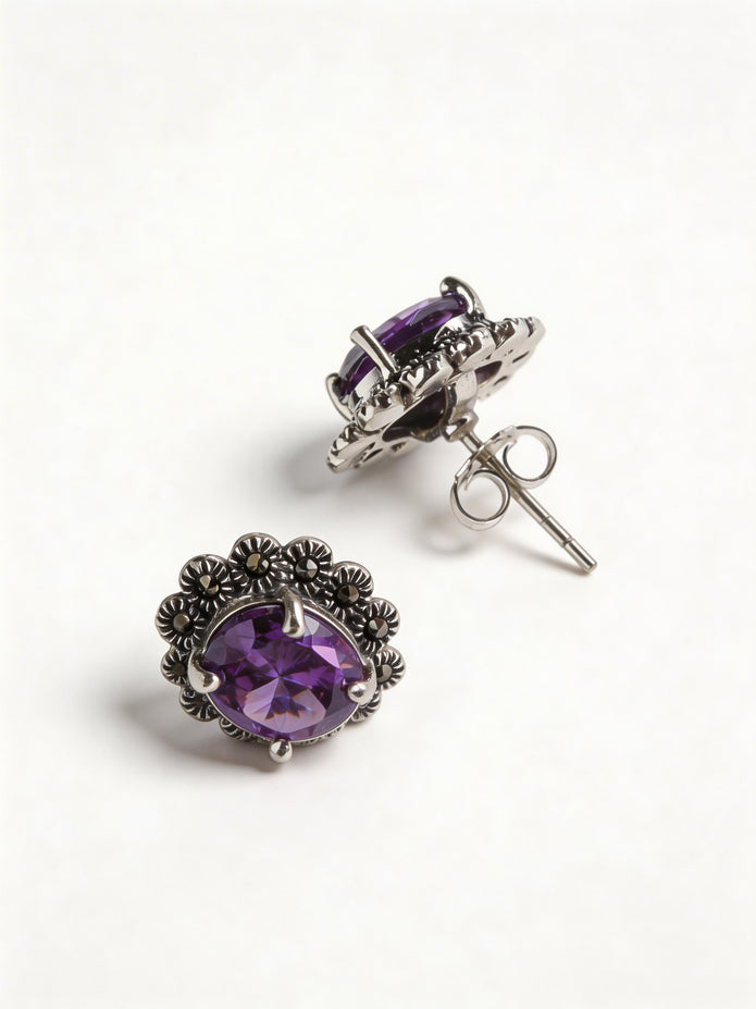 925 Amethyst Floral Halo Studs