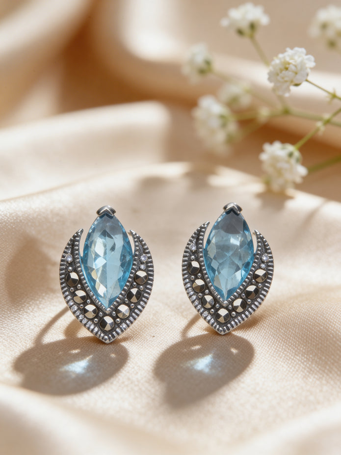 925 Aqua Marquise Statement Studs