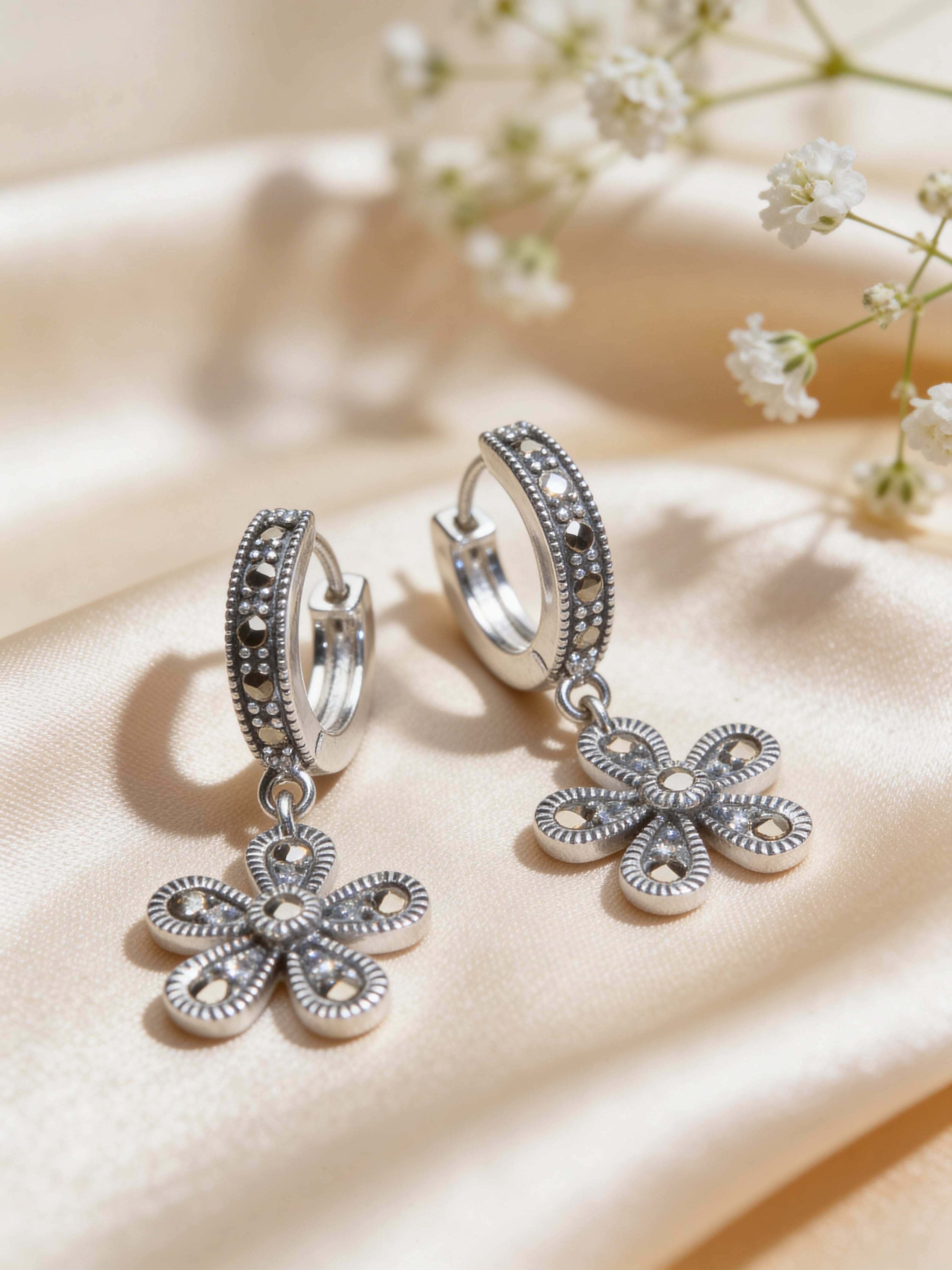 925 Floral Hoop Drop Earrings