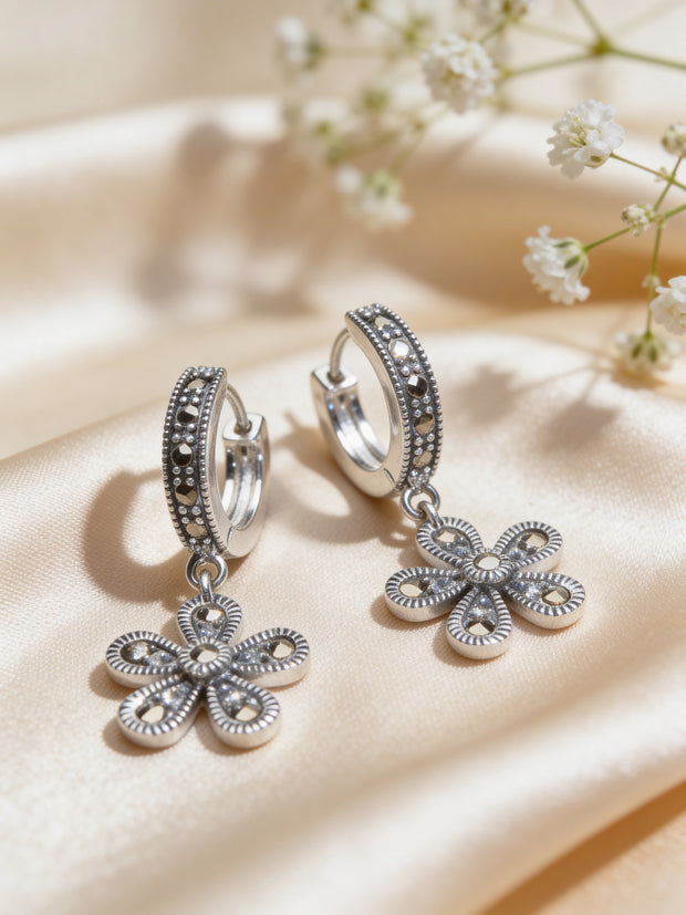 925 Floral Hoop Drop Earrings