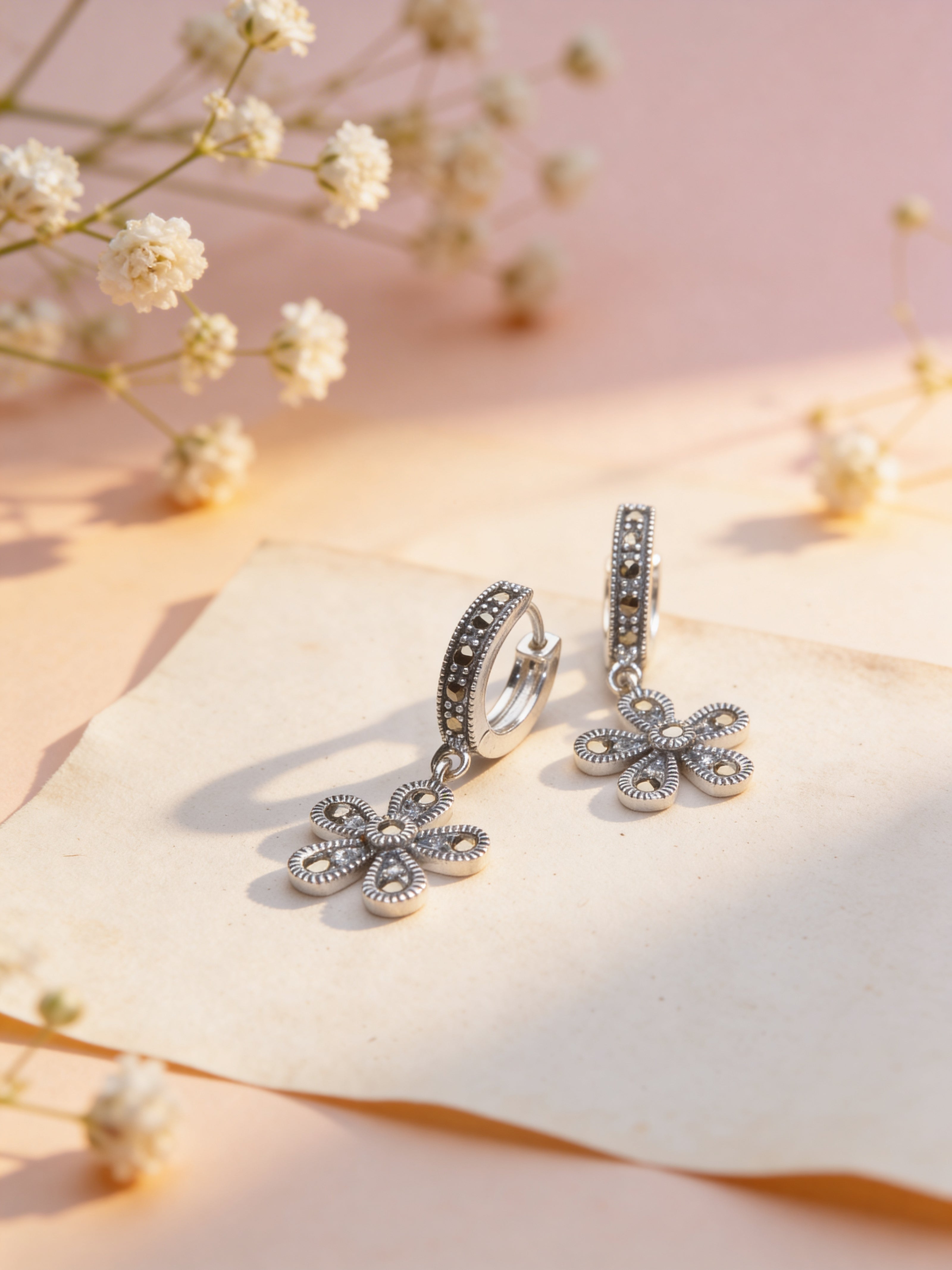 925 Floral Hoop Drop Earrings