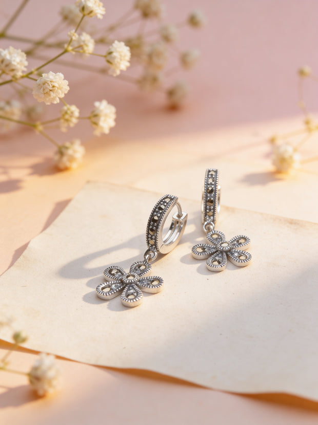 925 Floral Hoop Drop Earrings