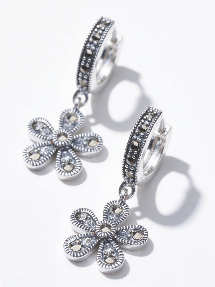 925 Floral Hoop Drop Earrings