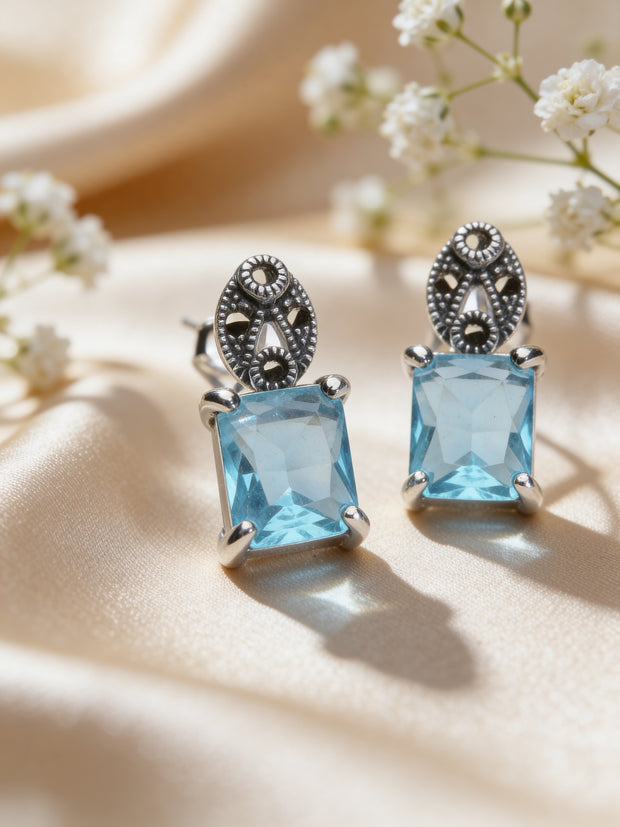 925 Sky Blue Princess Cut Studs