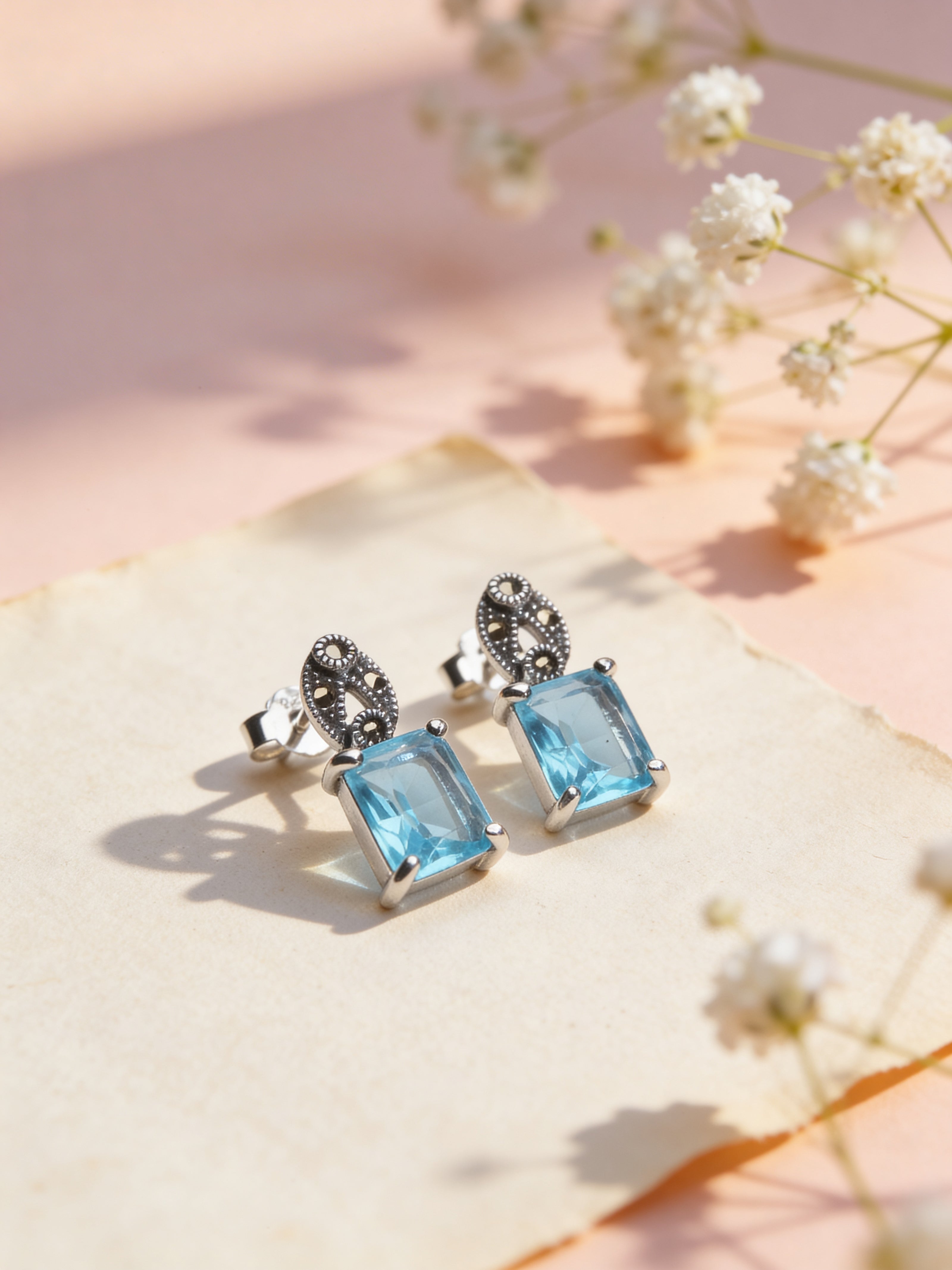 925 Sky Blue Princess Cut Studs