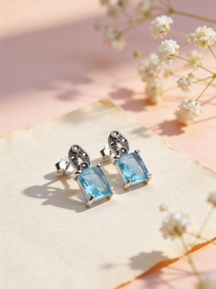 925 Sky Blue Princess Cut Studs