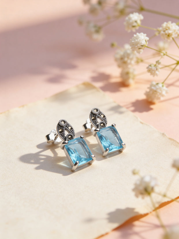 925 Sky Blue Princess Cut Studs