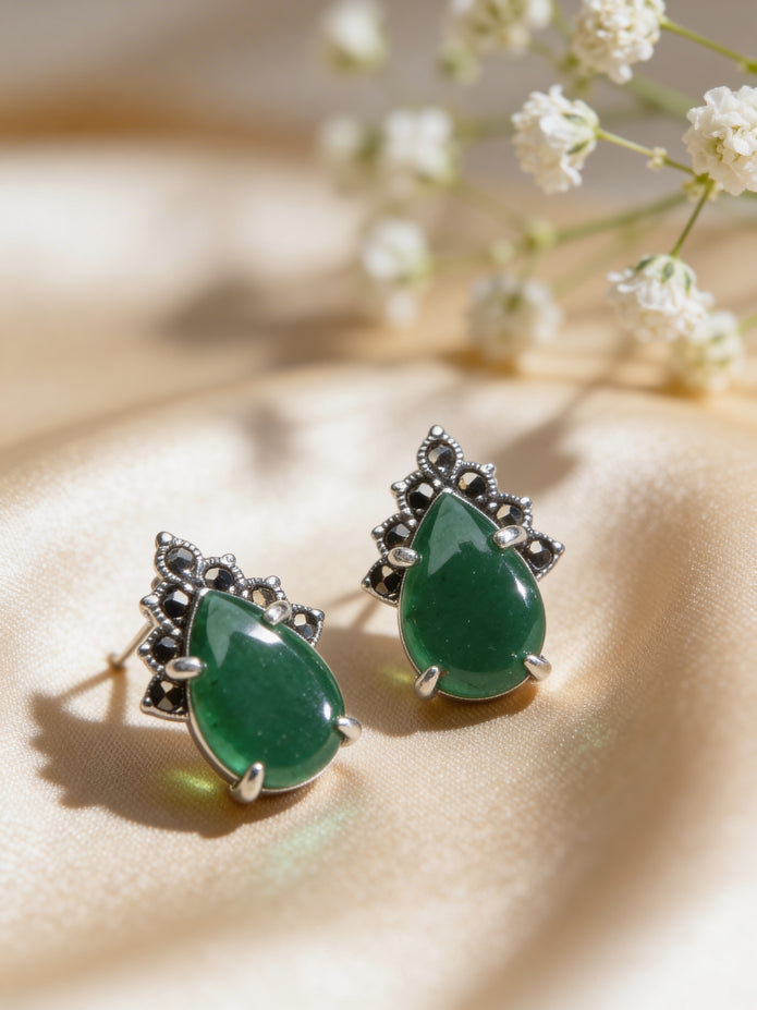 925 Emerald Teardrop Vintage Studs