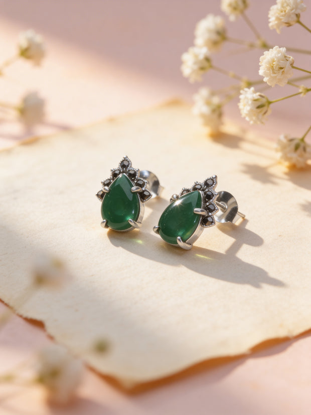 925 Emerald Teardrop Vintage Studs