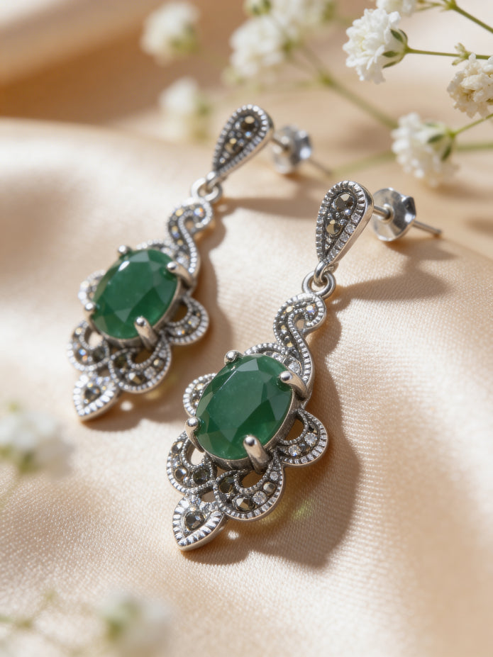 925 Emerald Ornate Drop Earrings
