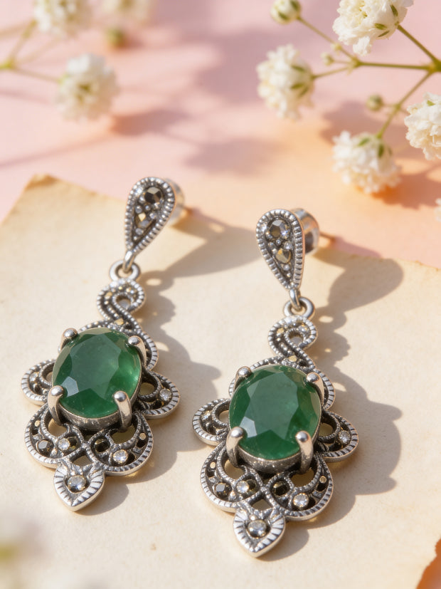 925 Emerald Ornate Drop Earrings