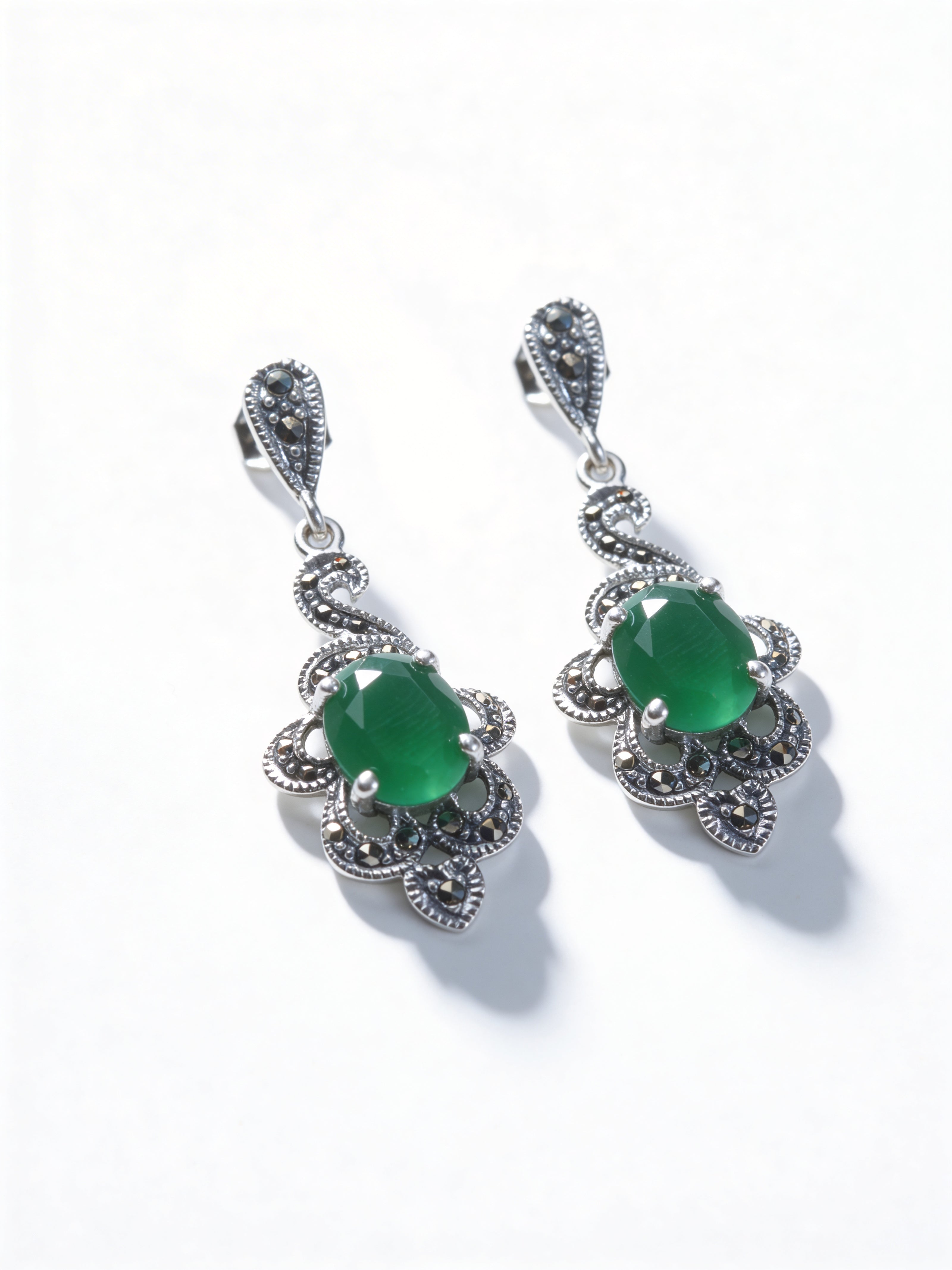 925 Emerald Ornate Drop Earrings
